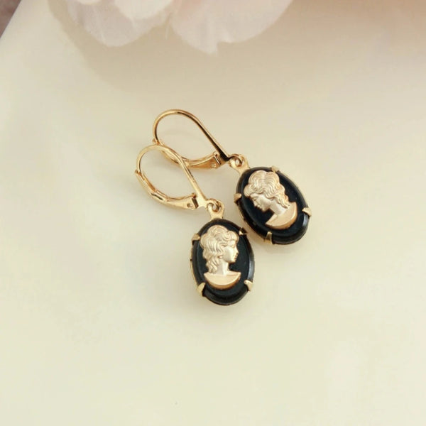 Lady Cameo Earrings and Ring Jewelry Set Oval Golden Black G - Inspire  Uplift